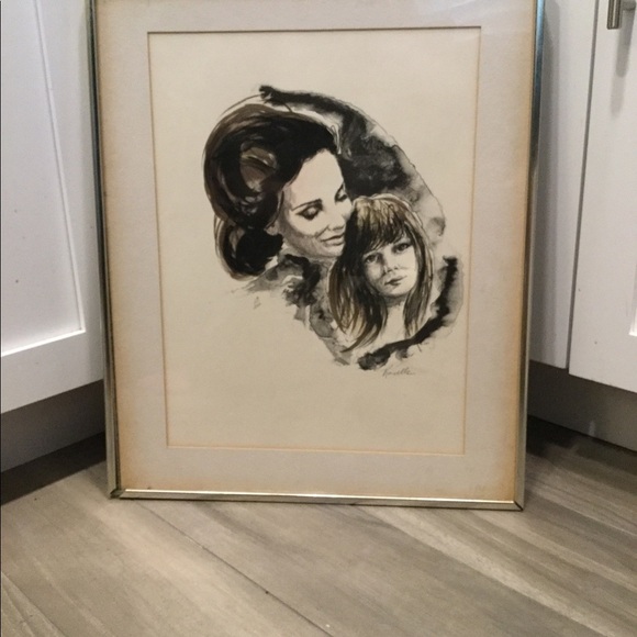 Navelle Vintage Portrait Art Artwork Mother Daughter Black & White Large Signed